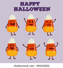 Collection of candy corn character. Related holiday sweets set in cartoon style. Happy Halloween concept greeting card, poster. Vector illustration