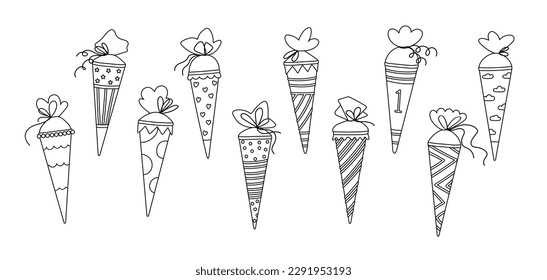 Collection of candy or school cones for firtst day of school in germany.Abstract zuckertute in line style for coloring pages,books isolated on white background.Vector flat illustration