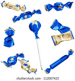 Collection of candy in shiny blue and gold wrappers (EPS10); jpg version also available