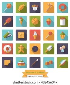 Collection of candy, sweets, cookies and cakes flat design long shadow square icons 