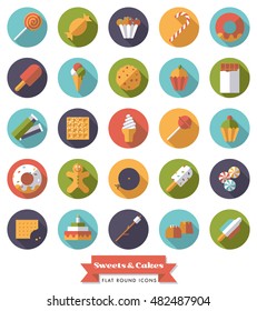 Collection of candy, sweets, cookies and cakes flat design long shadow round icons 