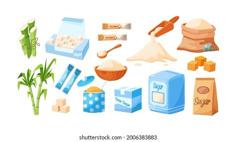 Collection of cane sugar. Sugarcane products. Growing sweet plants on plantation. Manufacturing packaging natural organic harvest. Package with cube and dry loose delicious carbohydrate cartoon vector