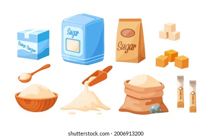 Collection of cane sugar. Sugarcane products. Growing sweet plants on plantation. Manufacturing packaging natural organic harvest. Package with cube and dry loose delicious carbohydrate cartoon vector