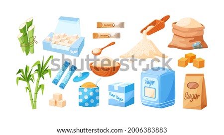Collection of cane sugar. Sugarcane products. Growing sweet plants on plantation. Manufacturing packaging natural organic harvest. Package with cube and dry loose delicious carbohydrate cartoon vector