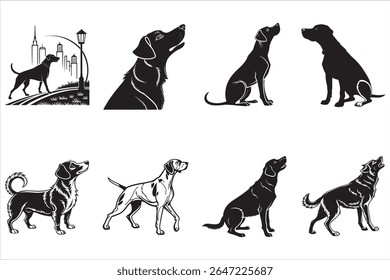Uma coleção de silhuetas caninas expressando vários modos e raças com uma silhueta urbana e um poste de lâmpada