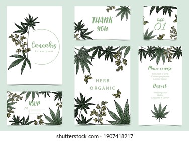 Sammlung von Cannabis-Hintergrund mit grünem Hintergrund.Bearbeitbare Vektorgrafik für Website, Einladung, Postkarte und Aufkleber