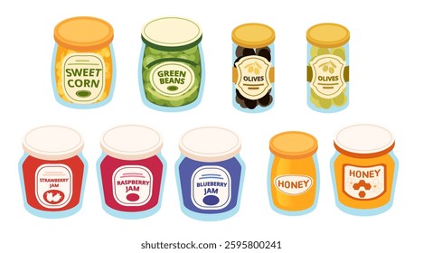 Collection of canned food. Preserved vegetables and fruits. Glass jar with lid. Packaging with colorful labels. Vector illustration illustration isolated on white background, isometric view.