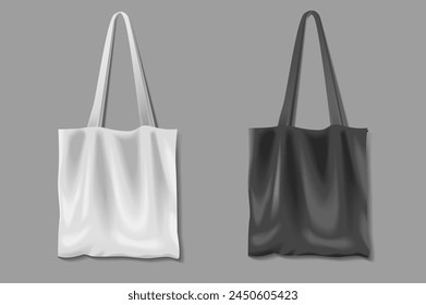 A collection of canvas bags mockups in realistic 3d design. Black and white image of fabric bags in light and dark shades, ready for prints, on a gray background. Vector illustration.