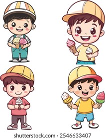 Collection CAP BOY CARTOON WITH ICE CREAM Vector 