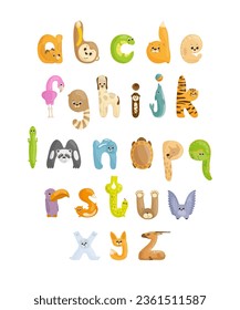 A collection of Capital and lowercase letters, numbers, and punctuation marks in the form of cute animals. Alphabet for composing phrases and designing cards, titles, invitations and logos.