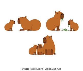 collection of capybara family with mother and baby capybara illustration