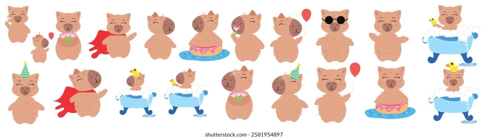 A collection of capybara illustrations in a variety of fun and playful poses, featuring partying, swimming and fun expressions. Perfect for greeting cards, stickers, invitations, digital prints, merch