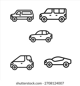 Sammlung von Karosserietypen als einfache Linien-Symbole. Set von Verkehrssymbolen, darunter Limousine, Coupé, SUV und Stadtauto auf weißem Hintergrund