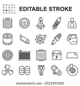 Coleção de ícones de componentes de carro. Contém ícones como filtro de ar, volante, disjuntor de choque.