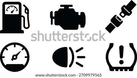 A collection of car dashboard warning lights including fuel level, engine malfunction, seatbelt reminder, speedometer, headlight indicator, and tire pressure warning.