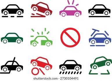 Collection of car depicting various actions and conditions transportation traffic accident police de