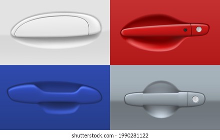 Collection of car door handles vector illustration in realistic style. Set equipment for open and close automobile transport. Bundle of multicolored drive vehicle with lock and unlock keyhole