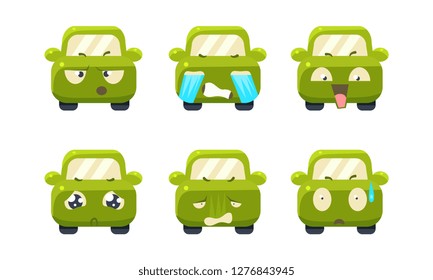 Collection of car emoticons, cute green car cartoon characters showing different emotions vector Illustration