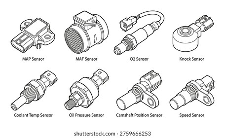Collection of car engine sensors: MAP, MAF, O2, knock, coolant temp, oil pressure, camshaft, speed sensors.