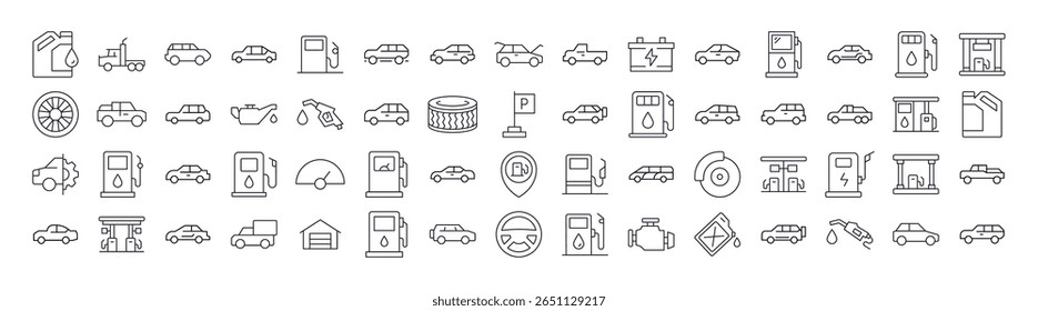 Coleção de Carro, Posto de Gasolina, Rodoviária Ícones de Linha Relacionados. Outline Signs para Gráficos e Web Design, Apps, Anúncios, Vários Cartões 