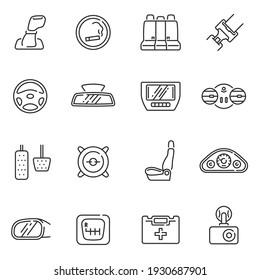 Collection of car interior details line icon vector illustration. Set of seat back seats dashboard transmission pedals first aid kit dvr and safety belt monochrome outline style isolated on white svg