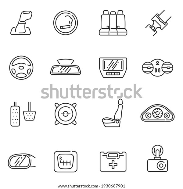 Collection of car interior details line icon vector\
illustration. Set of seat back seats dashboard transmission pedals\
first aid kit dvr and safety belt monochrome outline style isolated\
on white