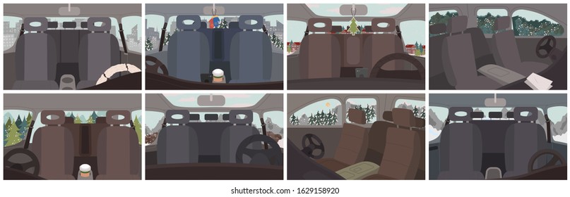 Collection of car interior, set of vehicles inside views. Empty automobile with mittens or pine tree toy hanging by mirrors. Trips and journey by auto. Winter landscapes scenery vector. Auto vehicle