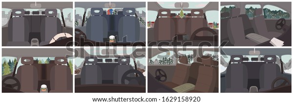 Collection of car interior, set of vehicles\
inside views. Empty automobile with mittens or pine tree toy\
hanging by mirrors. Trips and journey by auto. Winter landscapes\
scenery vector. Auto\
vehicle