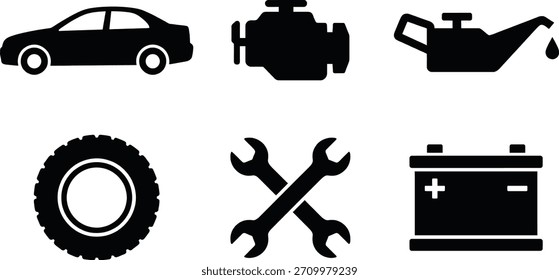 Una colección de iconos de mantenimiento de automóviles que incluyen un motor, una lata de aceite, un neumático, llaves, una batería y una silueta de automóvil.