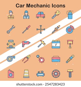 Coleção de ícones mecânicos do carro que representam serviços de reparação e manutenção perfeitos para temas automotivos.