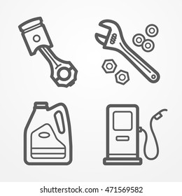 Collection of car or motorcycle service icons in line style. Piston, gas station, motor oil and wrench with nuts. Car store or service vector stock image.