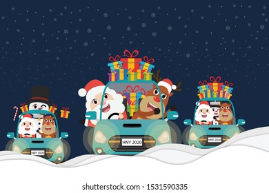Collection car, Santa Claus, Snowman with Reindeer driving green car. flat design