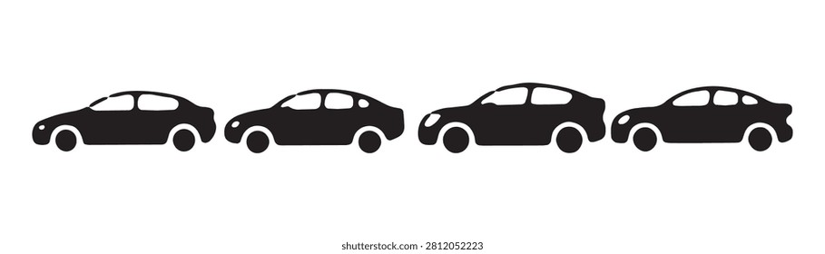 Collection of car silhouettes, representing various sedan and coupe models. Simple black outlines on white.