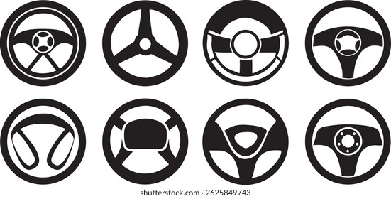 Collection of Car Steering Wheel Icons in Black and White
