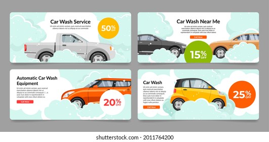 Collection of car wash service internet advertising banner vector flat illustration. Set of automobile cleaning landing page discount place for text. Promotion horizontal ads for order accommodation