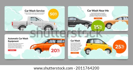 Collection of car wash service internet advertising banner vector flat illustration. Set of automobile cleaning landing page discount place for text. Promotion horizontal ads for order accommodation