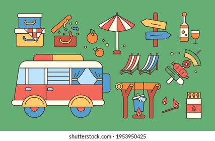 Collection of caravan camping objects. flat design style minimal vector illustration.