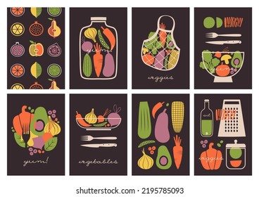 Colección de diseños de tarjetas con verduras, frutas, cubiertos, platos, letras. Ilustraciones de concepto vegetariano, vegano. Imágenes prediseñadas con verduras frescas, bayas, tazón, tenedor, cuchillo, rallador para la cafetería de menú.