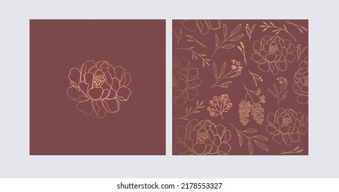  Collection card. Flowers illustration. Seamless pattern, minimal line art style Vector