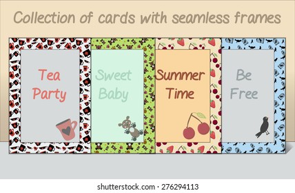 Collection of Card (postcards) Frames Made of Seamless Patterns - Tea, Summer, Baby, Freedom. Vector illustration
