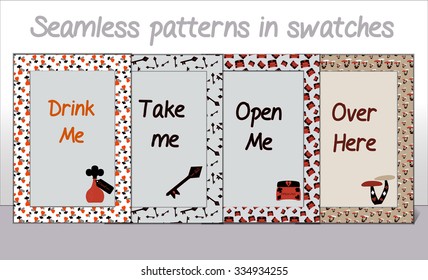 Collection of Card postcards Frames from Wonderland - Drink Me, Take Me, Open Me, Over Here. Vector illustration.