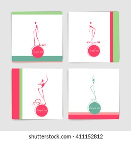 Collection of card with stylized silhouettes of dancing women in long evening dresses, element of the logo.Set of fashion models silhouettes. Vector illustration isolated on white in outline style.