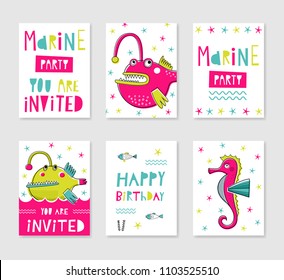 Collection of card templates with anglers and seahorse. Typography poster, card, label, banner design set. Vector illustration 