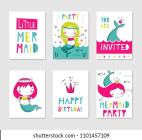 Collection of card templates with mermaids. Typography poster, card, label, banner design set. Vector illustration 