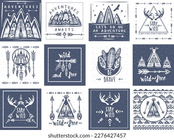 Sammlung von Kartenvorlagen zum Thema Reise und Abenteuer. Ethnisch, boho, Stammesstil. Geeignet für T-Shirt-Design, Heimdekor-Elemente, Grußkarten und Postkarten
