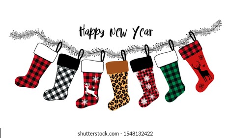 
Collection or card of various Christmas  stockings.
Buffalo plaid, leopard and other design elements. Festive decor. Vector illustration.