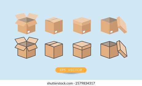 Collection of cardboard box icons seen open and closed. Collection of box icons for product package cardboard delivery packages. Stock vector