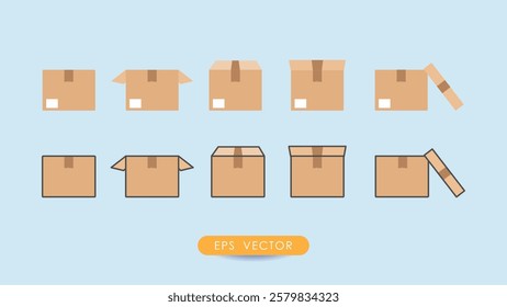 Collection of cardboard box icons seen from the front side. Collection of box icons for product package cardboard delivery packages. Stock vector