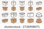 Collection of cardboard box icons in various open and closed states with line art and solid fill packaging
