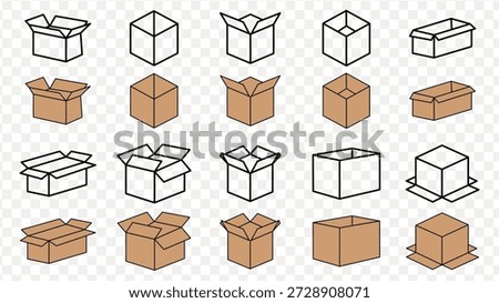 Collection of cardboard box icons in various open and closed states with line art and solid fill packaging